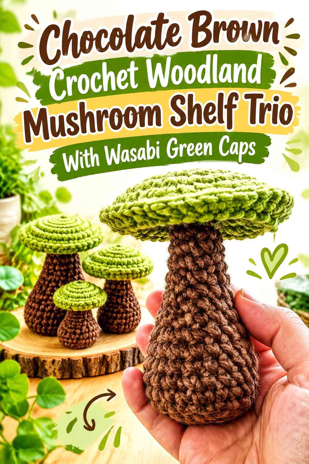 Chocolate Brown Crochet Woodland Mushroom Shelf Trio With Wasabi Green Caps