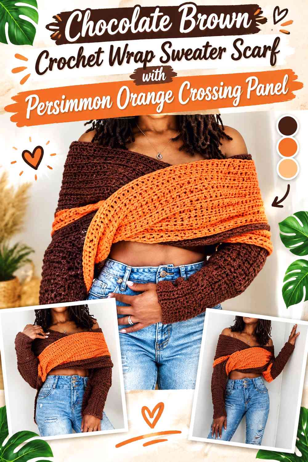 Chocolate Brown Crochet Wrap Sweater Scarf with Persimmon Orange Crossing Panel