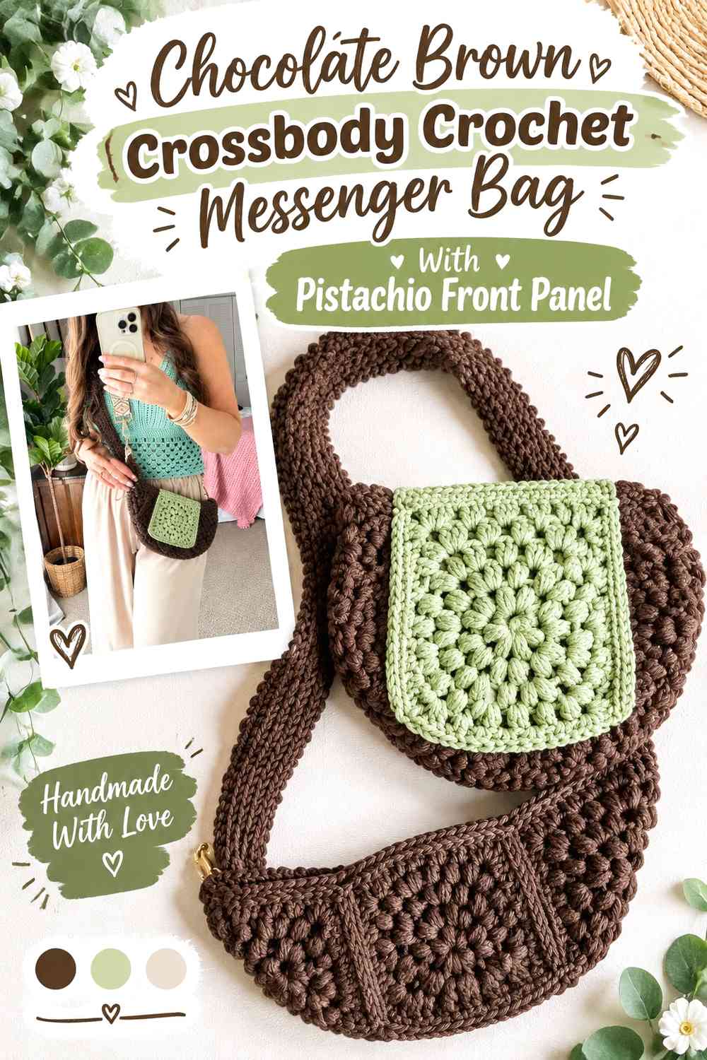 Chocolate Brown Crossbody Crochet Messenger Bag With Pistachio Front Panel