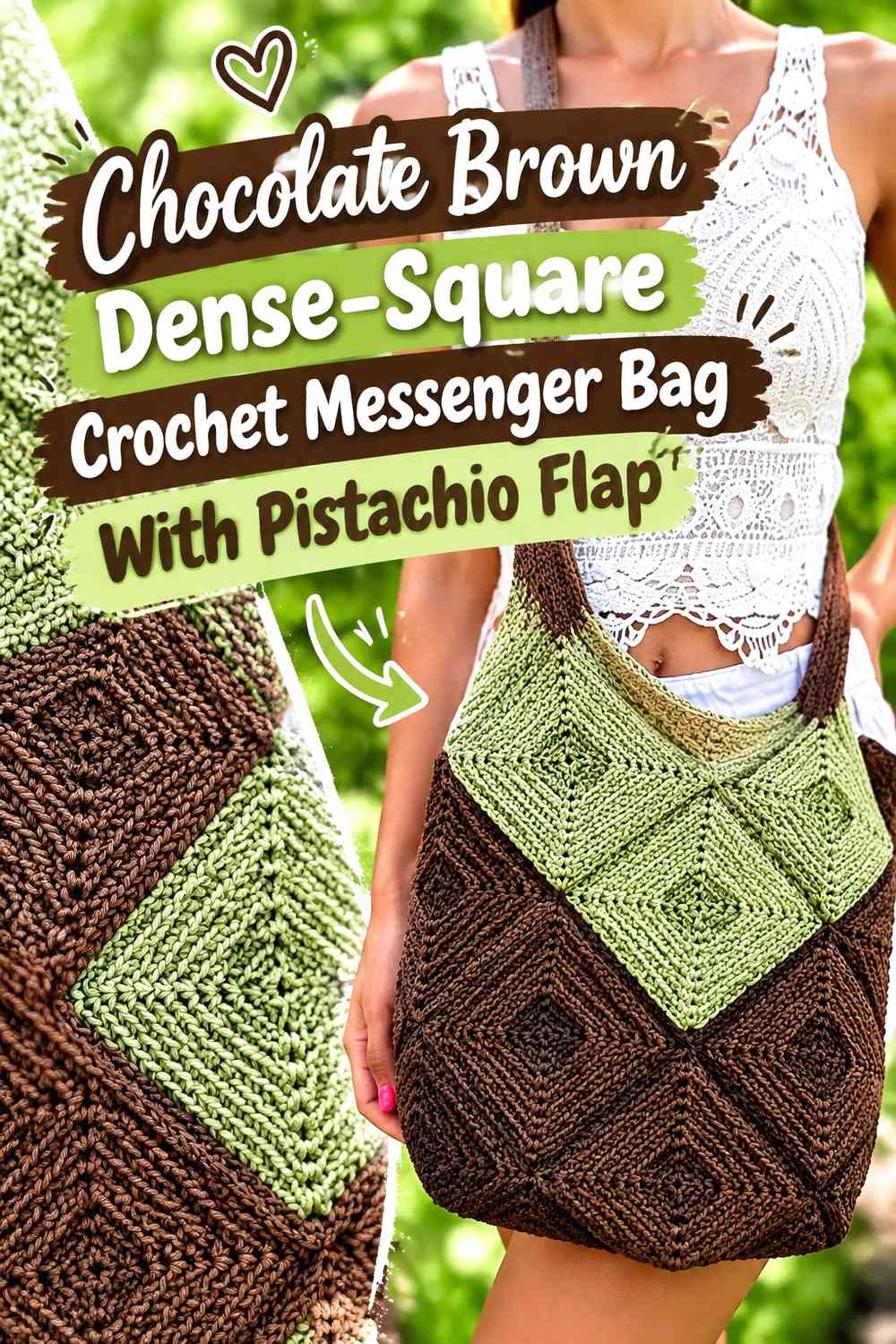 Chocolate Brown Dense-Square Crochet Messenger Bag With Pistachio Flap