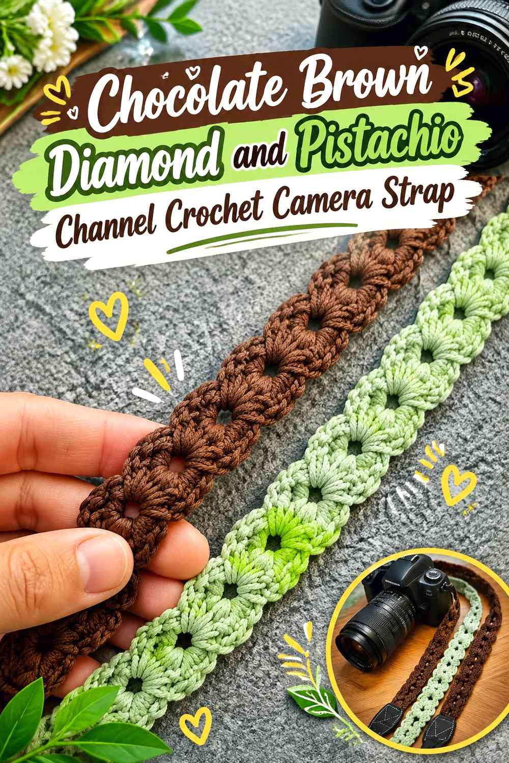 Chocolate Brown Diamond and Pistachio Channel Crochet Camera Strap