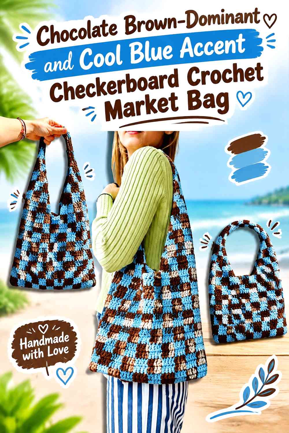 Chocolate Brown-Dominant and Cool Blue Accent Checkerboard Crochet Market Bag