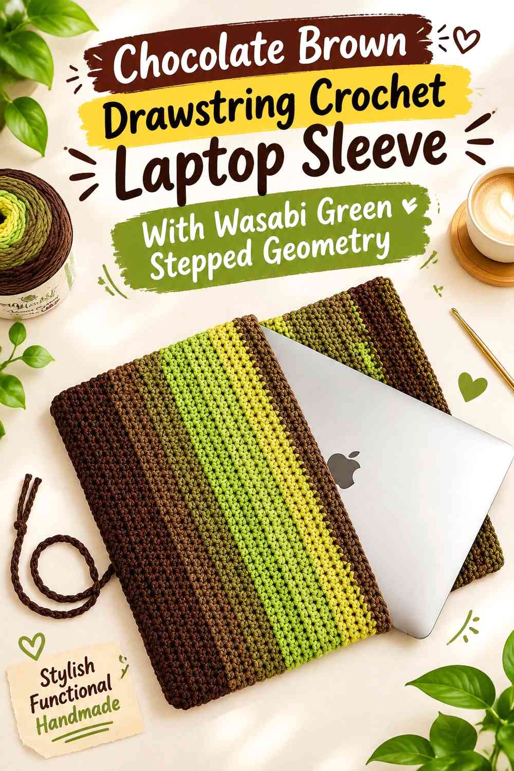 Chocolate Brown Drawstring Crochet Laptop Sleeve With Wasabi Green Stepped Geometry