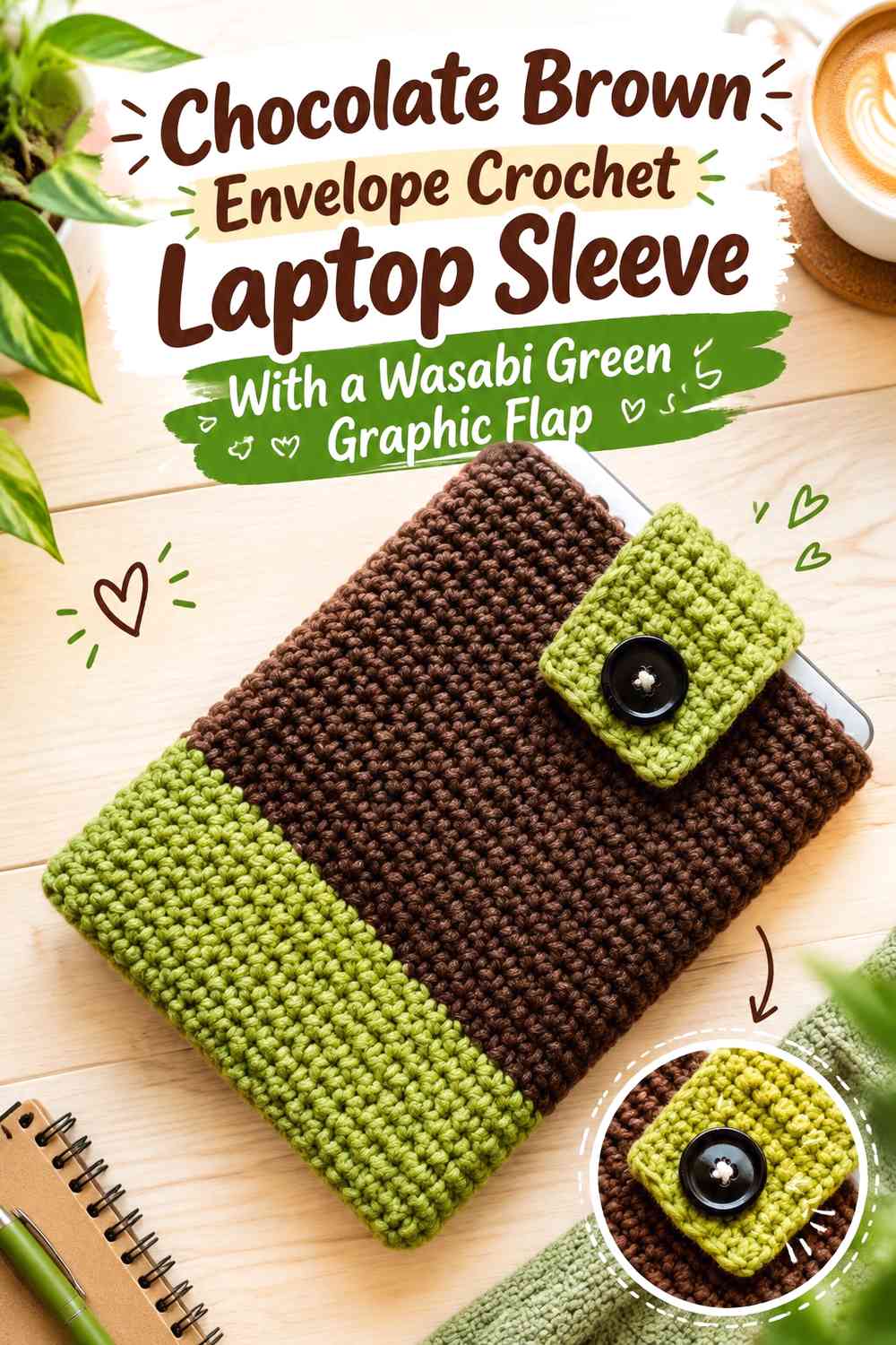 Chocolate Brown Envelope Crochet Laptop Sleeve With a Wasabi Green Graphic Flap