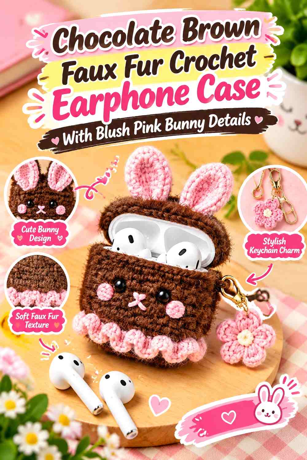 Chocolate Brown Faux Fur Crochet Earphone Case With Blush Pink Bunny Details