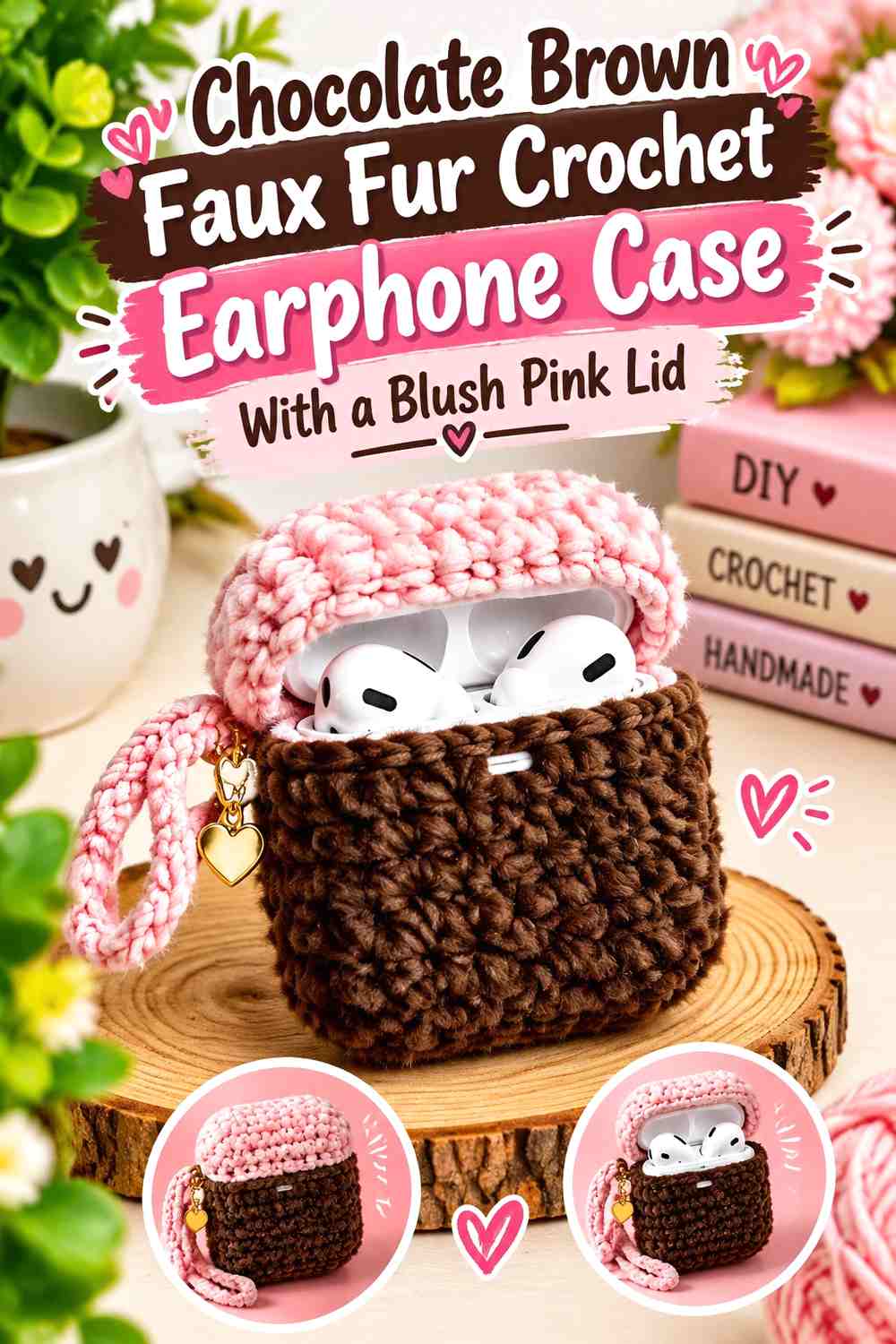Chocolate Brown Faux Fur Crochet Earphone Case With a Blush Pink Lid