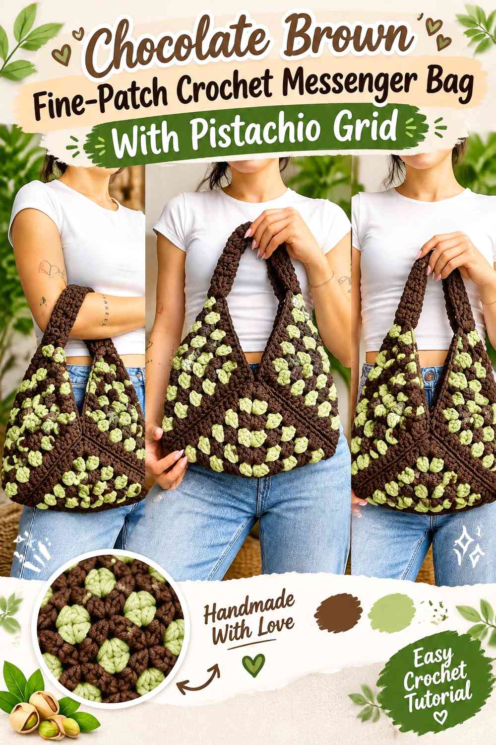 Chocolate Brown Fine-Patch Crochet Messenger Bag With Pistachio Grid