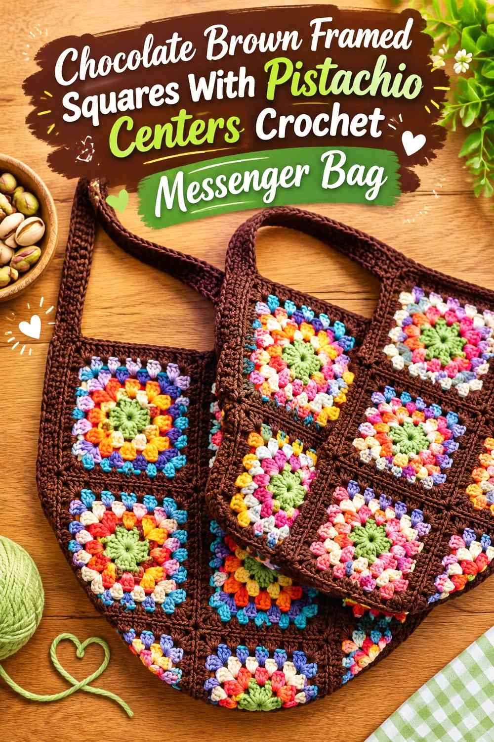 Chocolate Brown Framed Squares With Pistachio Centers Crochet Messenger Bag