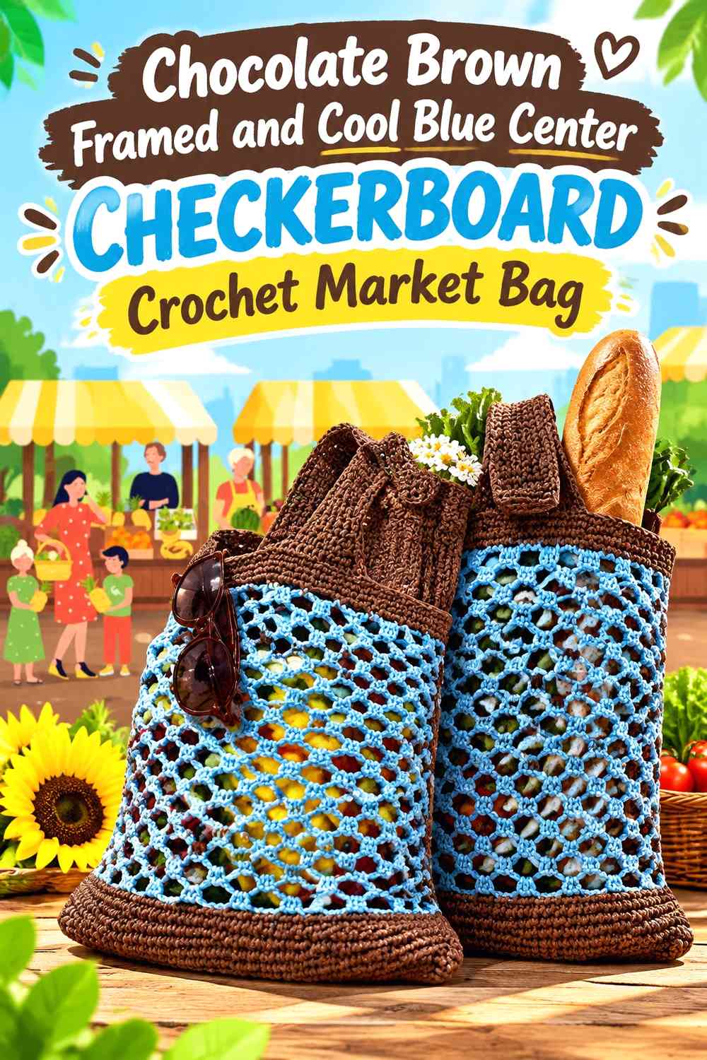 Chocolate Brown Framed and Cool Blue Center Checkerboard Crochet Market Bag