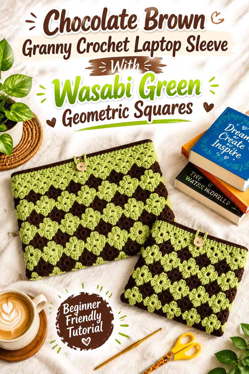 Chocolate Brown Granny Crochet Laptop Sleeve With Wasabi Green Geometric Squares