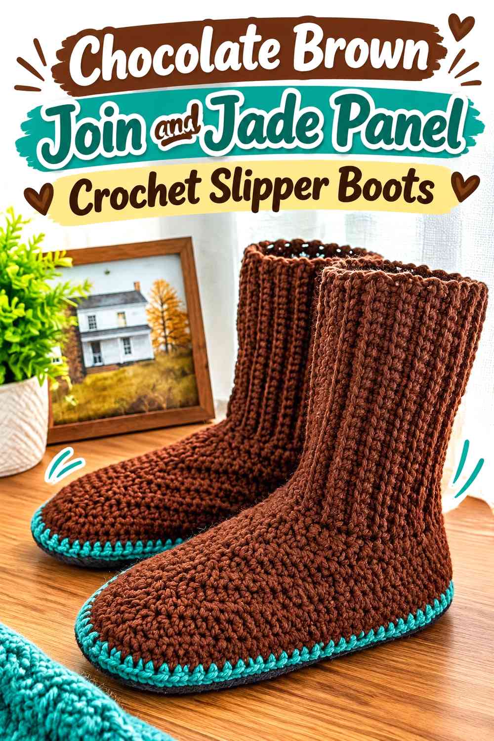 Chocolate Brown Join and Jade Panel Crochet Slipper Boots