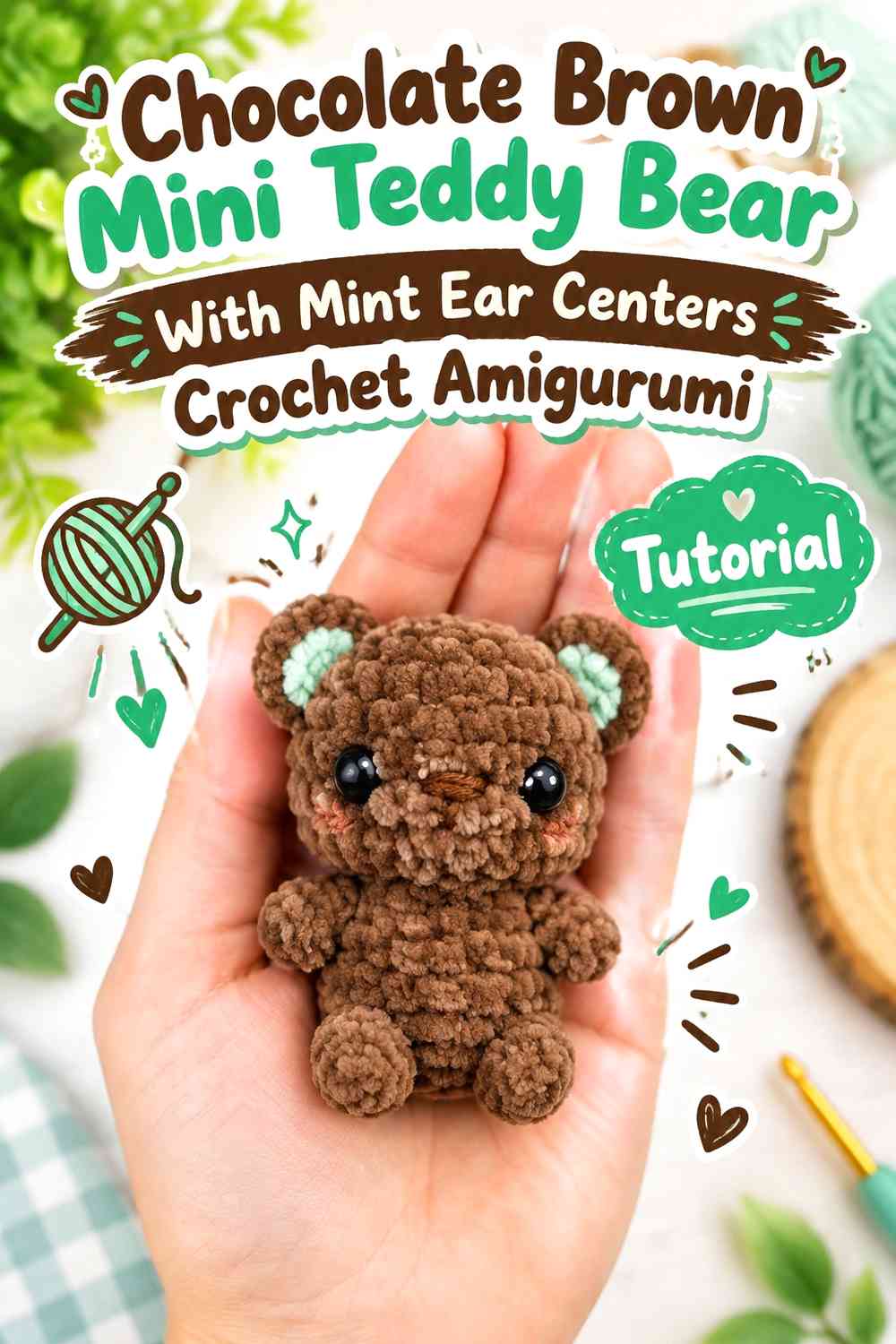 Chocolate Brown Mini Teddy Bear With Mint Ear Centers Crochet Amigurumi