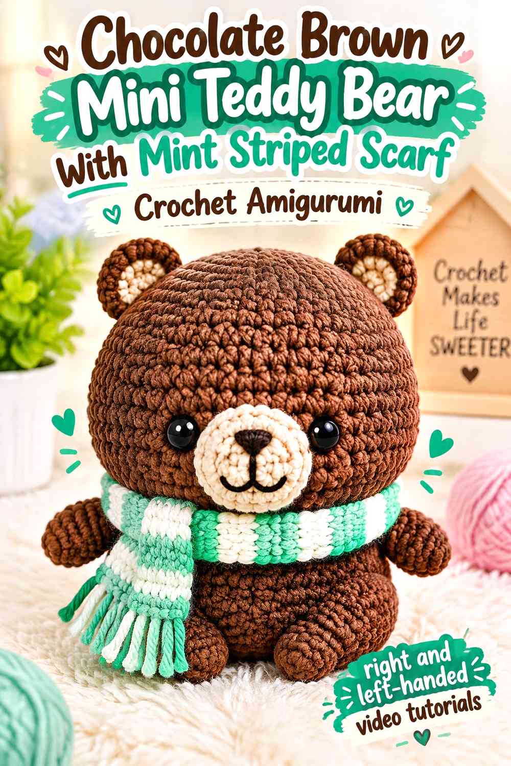 Chocolate Brown Mini Teddy Bear With Mint Striped Scarf Crochet Amigurumi