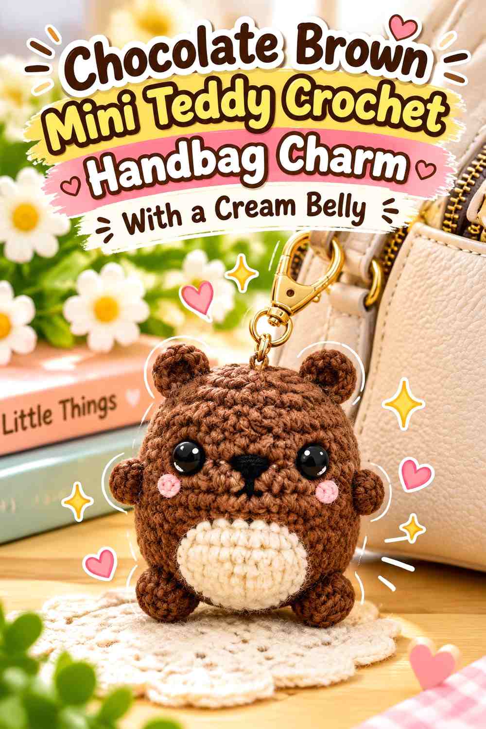 Chocolate Brown Mini Teddy Crochet Handbag Charm With a Cream Belly
