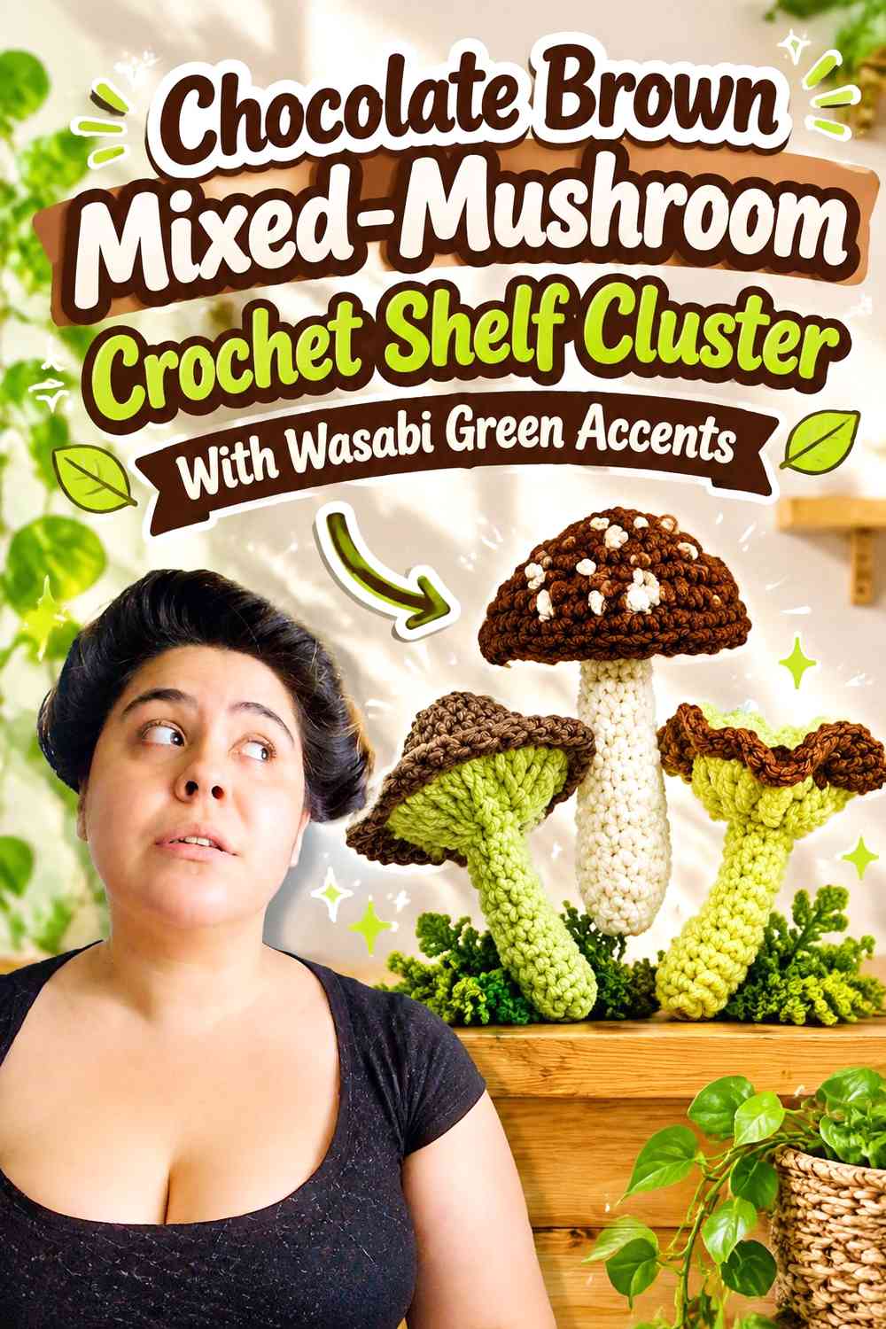 Chocolate Brown Mixed-Mushroom Crochet Shelf Cluster With Wasabi Green Accents