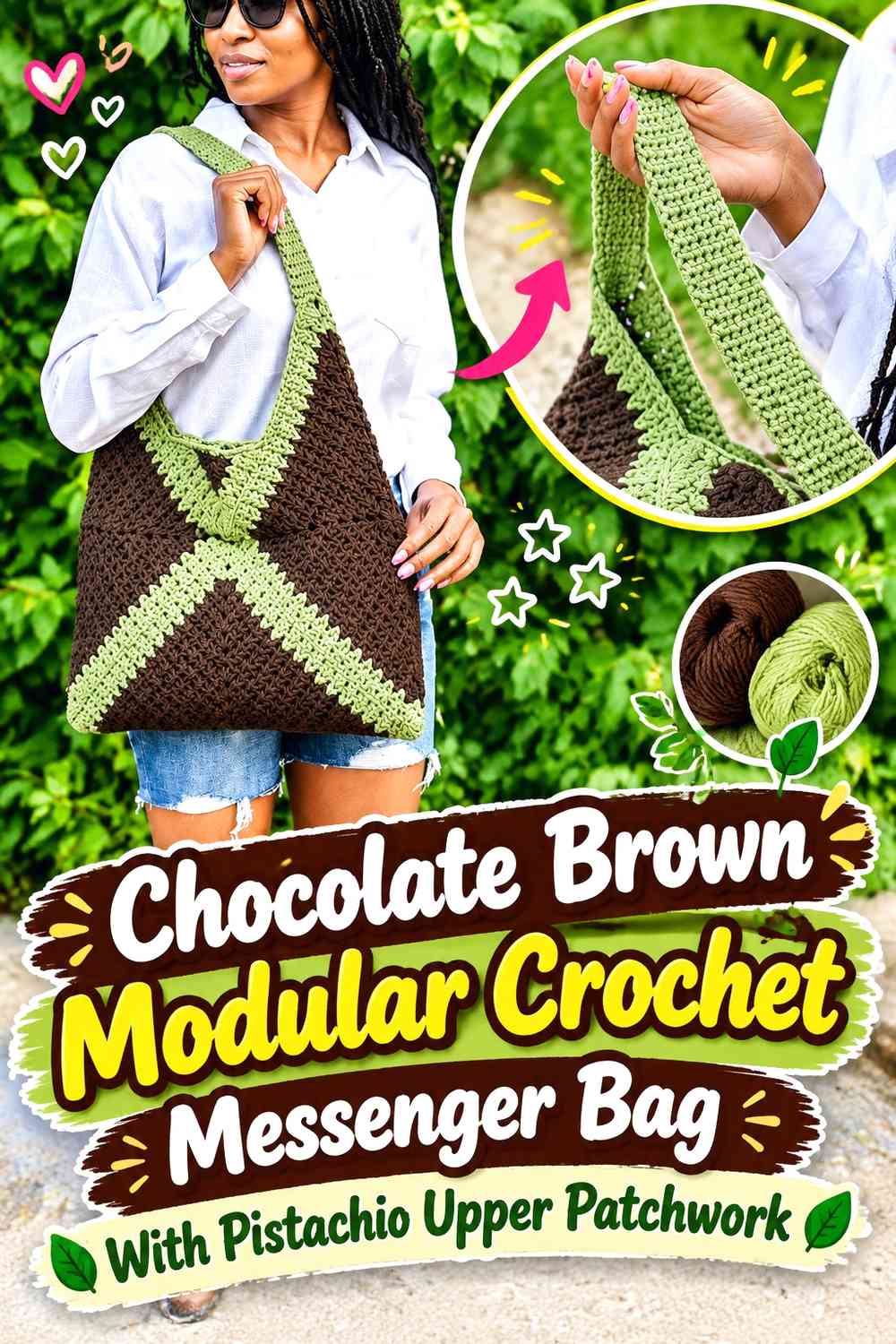 Chocolate Brown Modular Crochet Messenger Bag With Pistachio Upper Patchwork