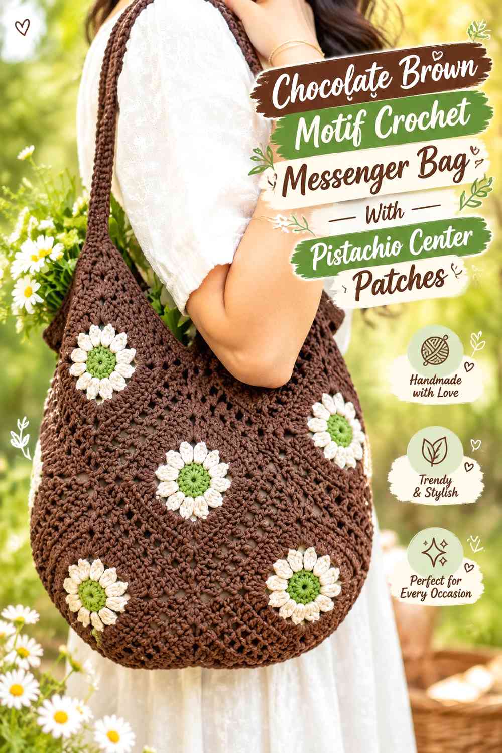 Chocolate Brown Motif Crochet Messenger Bag With Pistachio Center Patches