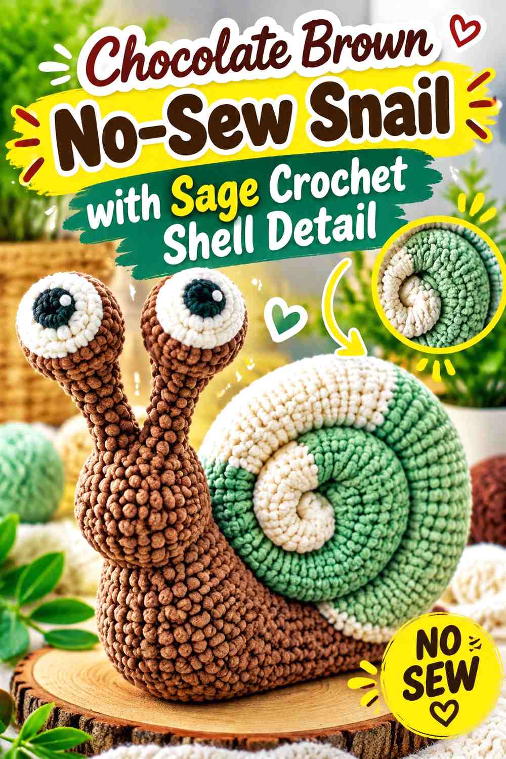 Chocolate Brown No-Sew Snail with Sage Crochet Shell Detail