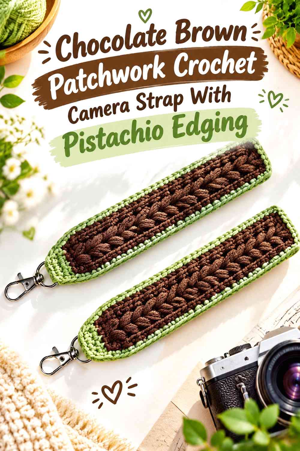 Chocolate Brown Patchwork Crochet Camera Strap With Pistachio Edging