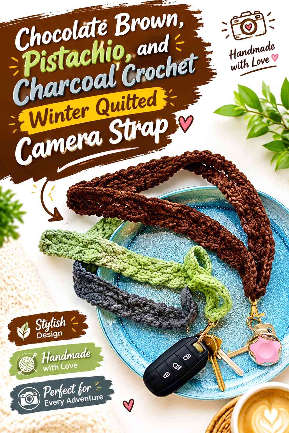 Chocolate Brown, Pistachio, and Charcoal Crochet Winter Quilted Camera Strap