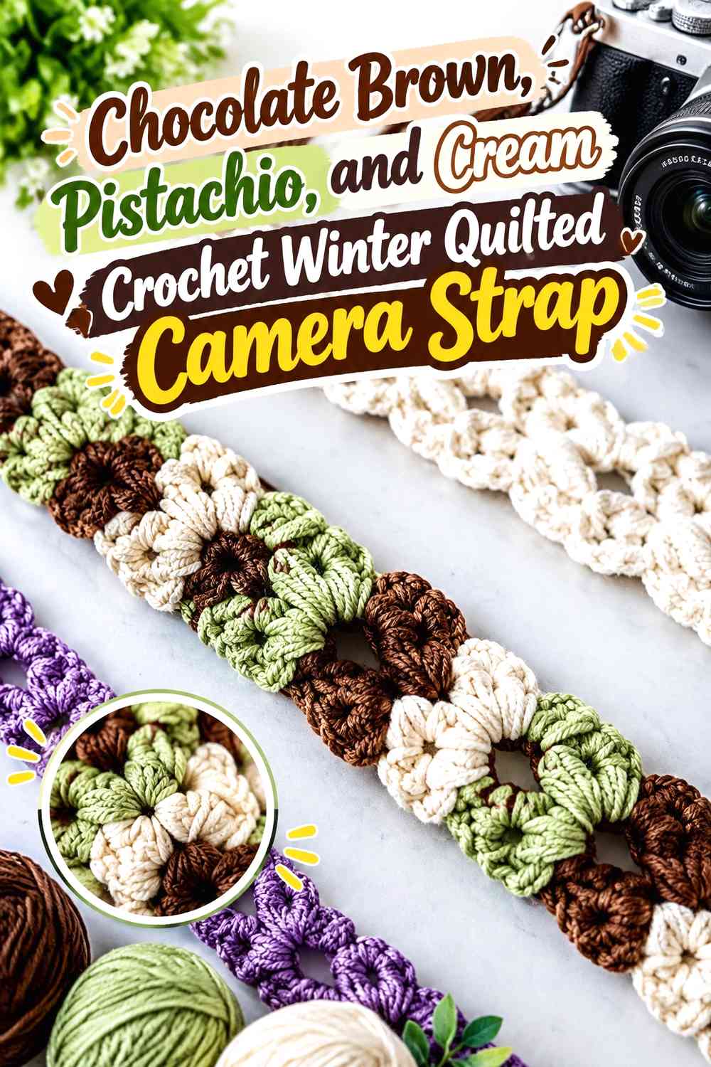 Chocolate Brown, Pistachio, and Cream Crochet Winter Quilted Camera Strap