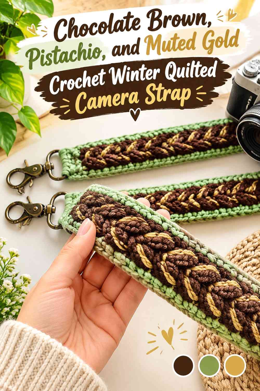 Chocolate Brown, Pistachio, and Muted Gold Crochet Winter Quilted Camera Strap