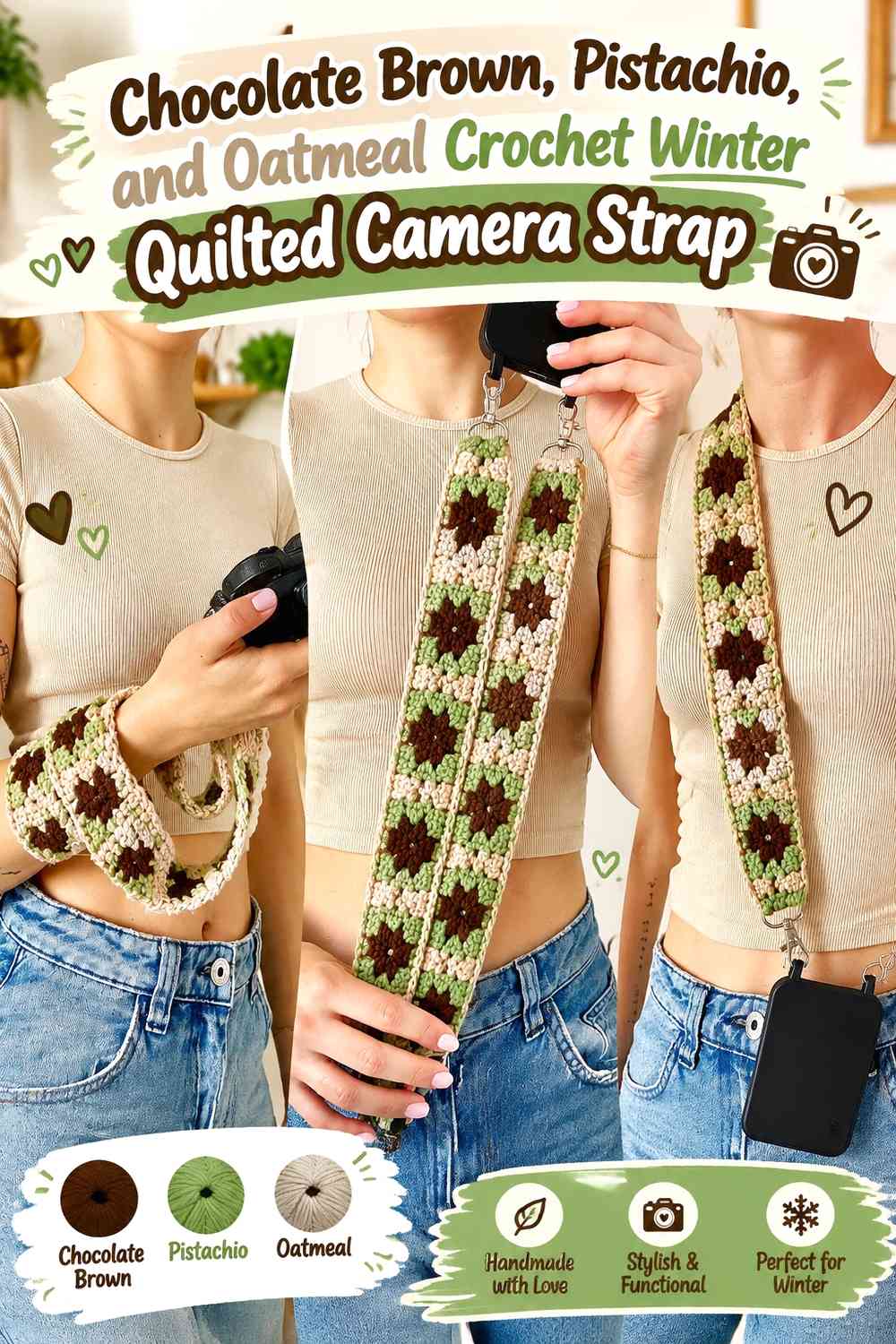 Chocolate Brown, Pistachio, and Oatmeal Crochet Winter Quilted Camera Strap