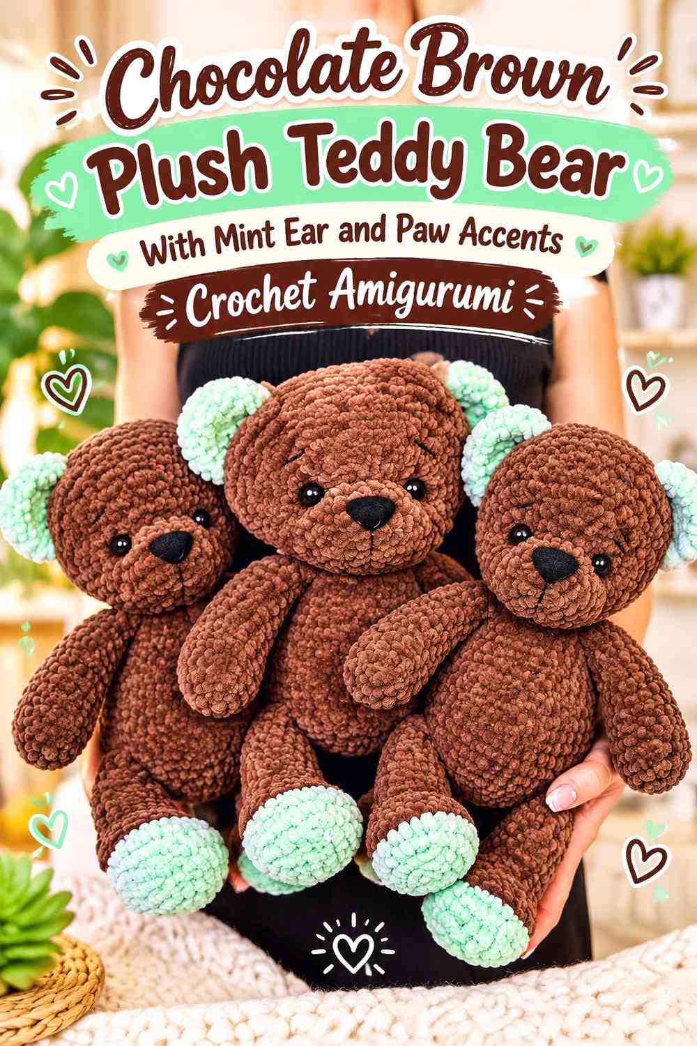 Chocolate Brown Plush Teddy Bear With Mint Ear and Paw Accents Crochet Amigurumi