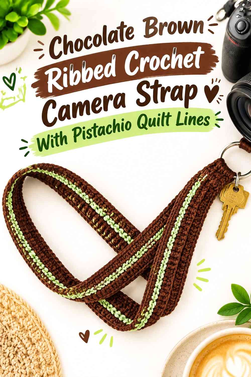Chocolate Brown Ribbed Crochet Camera Strap With Pistachio Quilt Lines