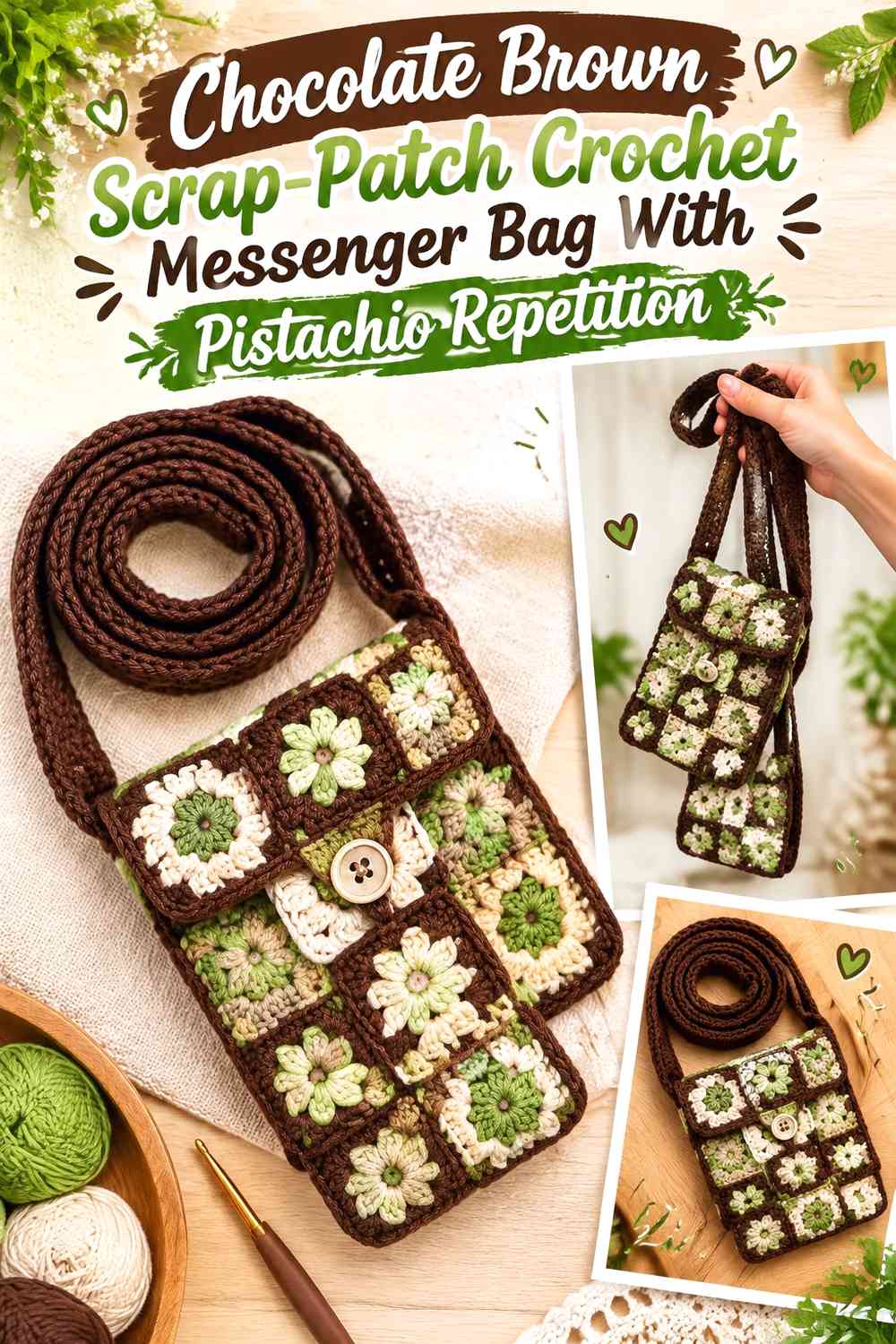 Chocolate Brown Scrap-Patch Crochet Messenger Bag With Pistachio Repetition