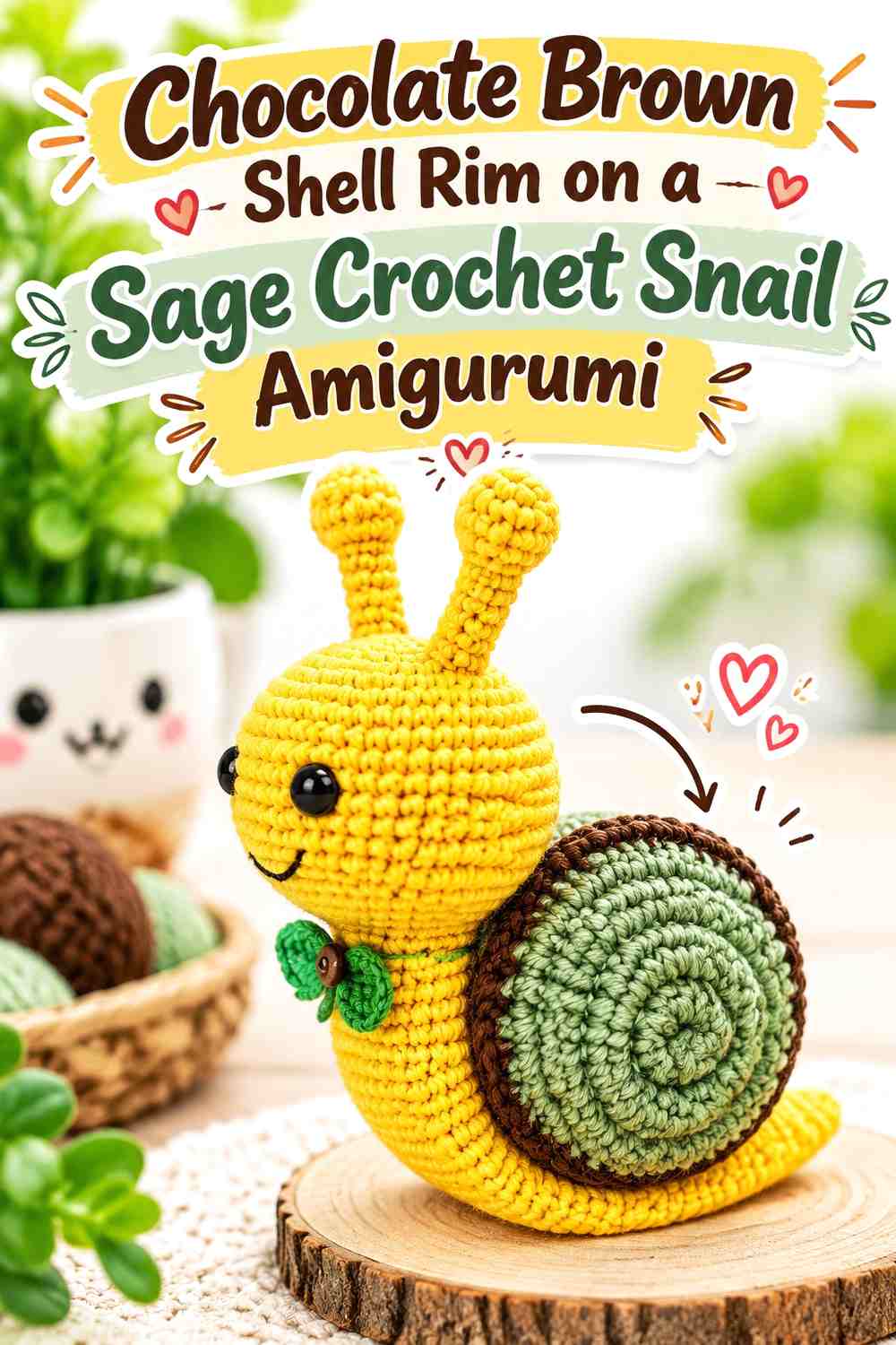 Chocolate Brown Shell Rim on a Sage Crochet Snail Amigurumi