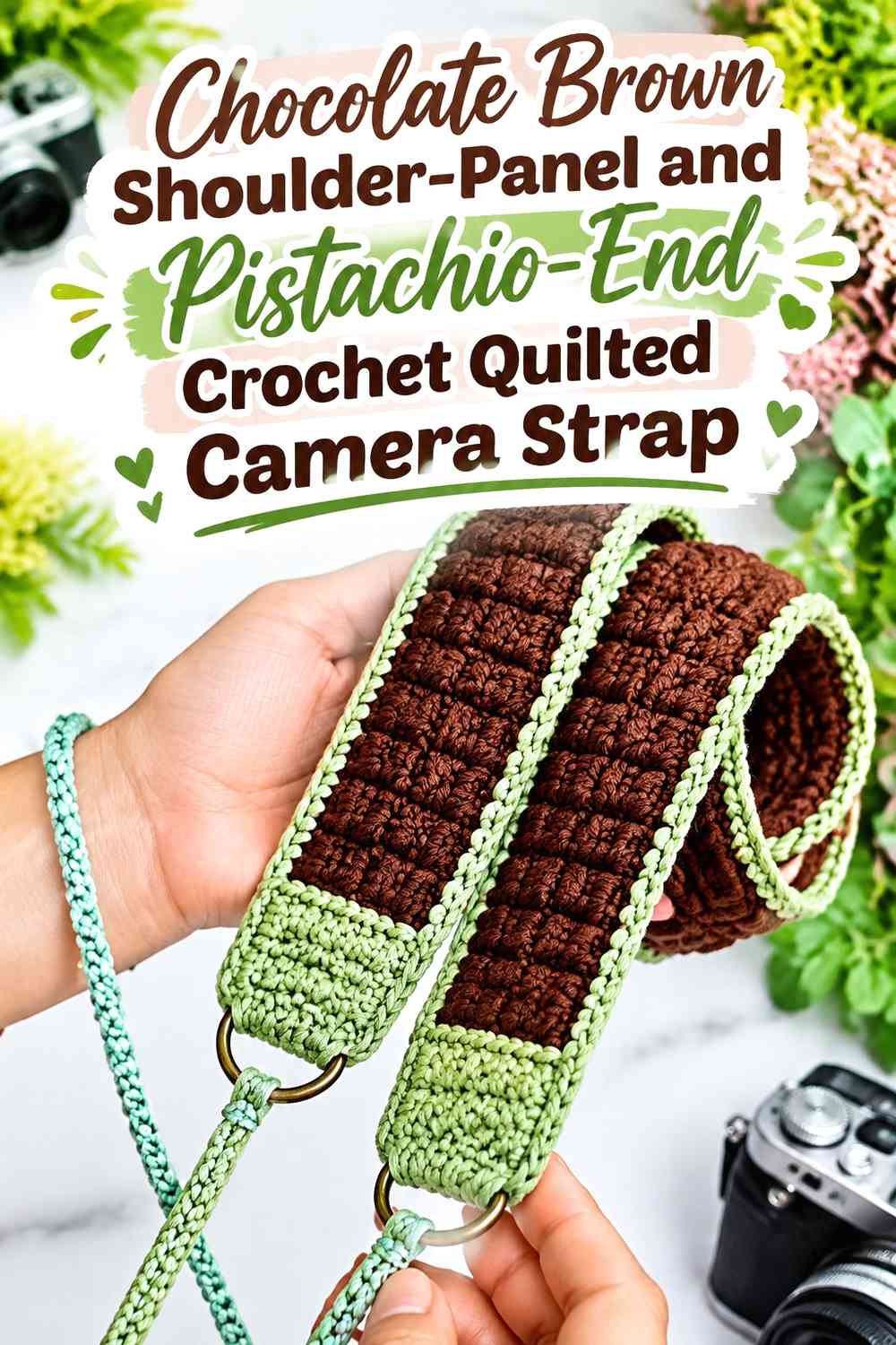 Chocolate Brown Shoulder-Panel and Pistachio-End Crochet Quilted Camera Strap