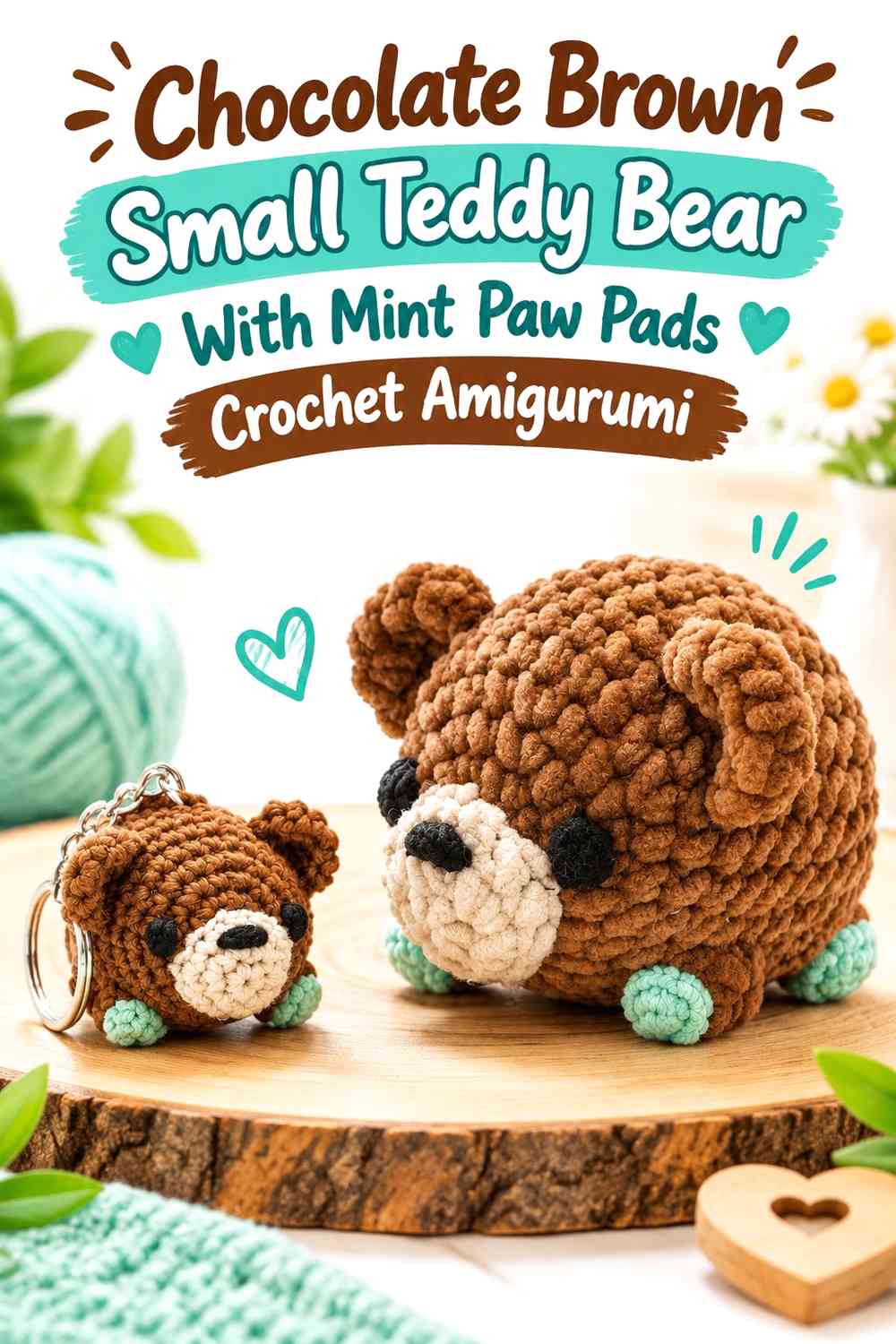 Chocolate Brown Small Teddy Bear With Mint Paw Pads Crochet Amigurumi