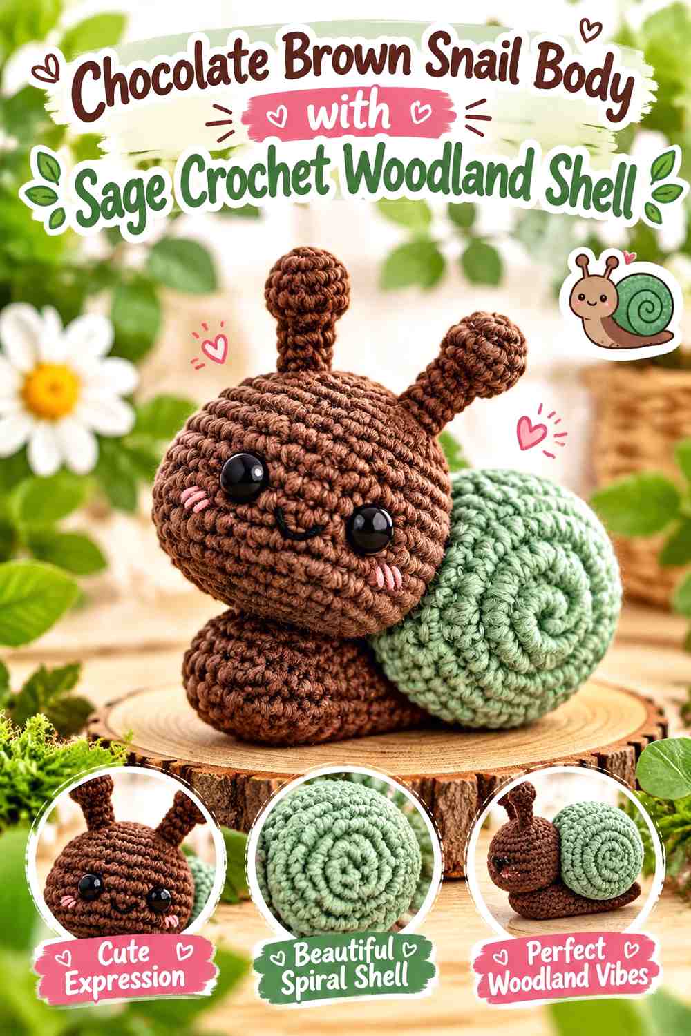 Chocolate Brown Snail Body with Sage Crochet Woodland Shell