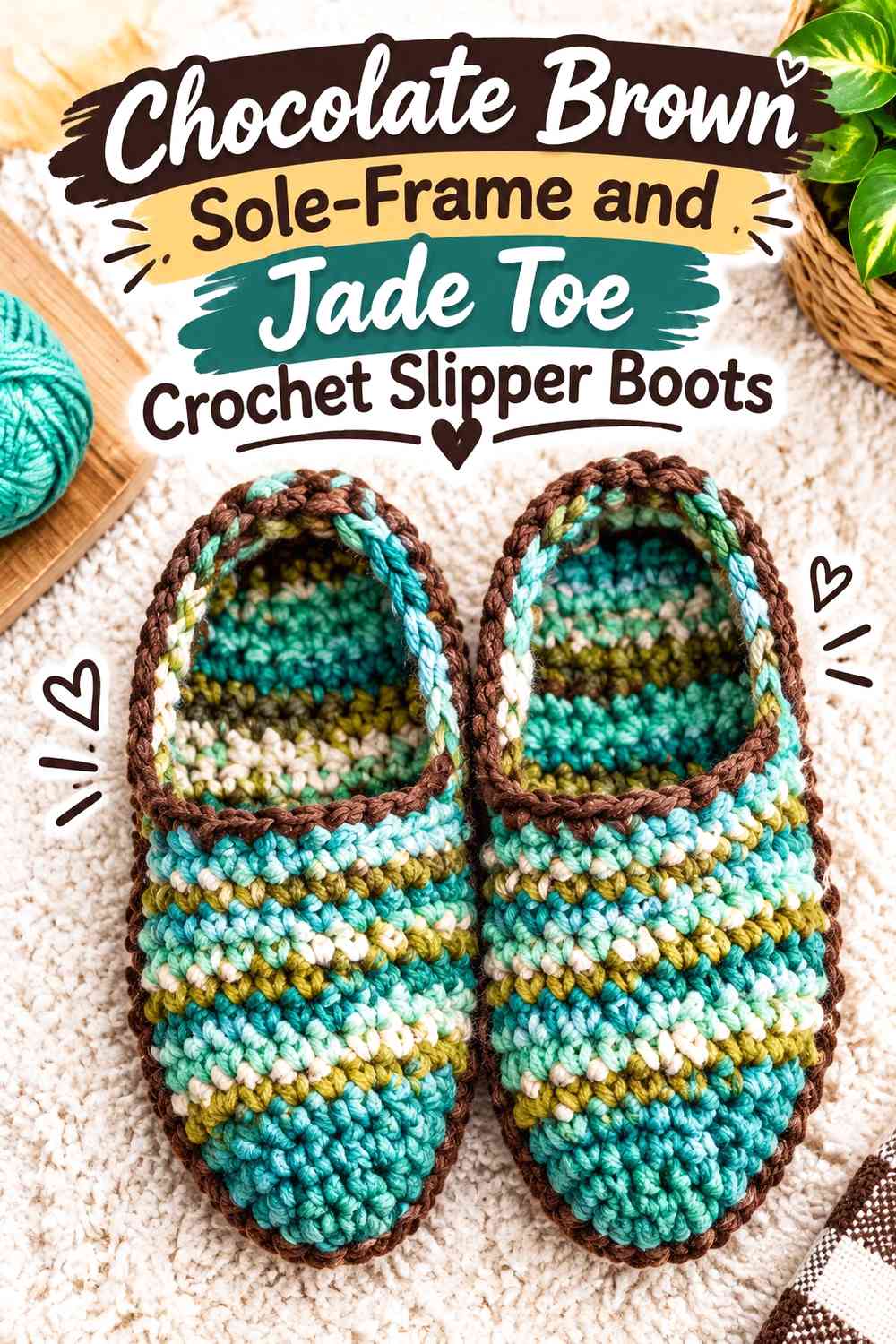 Chocolate Brown Sole-Frame and Jade Toe Crochet Slipper Boots
