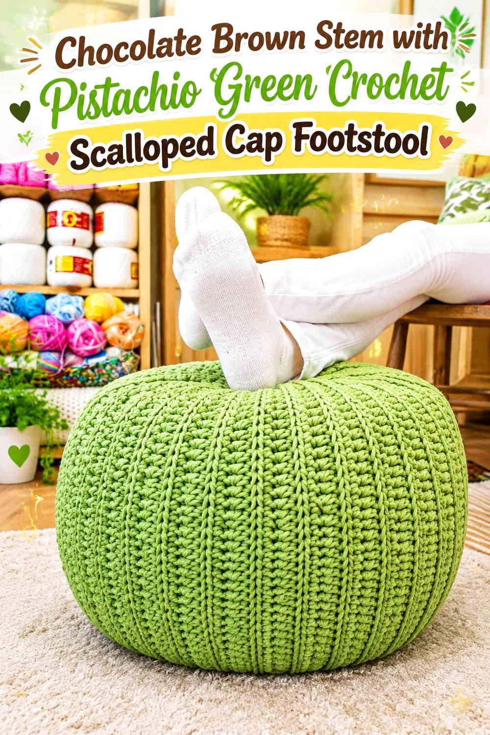 Chocolate Brown Stem with Pistachio Green Crochet Scalloped Cap Footstool