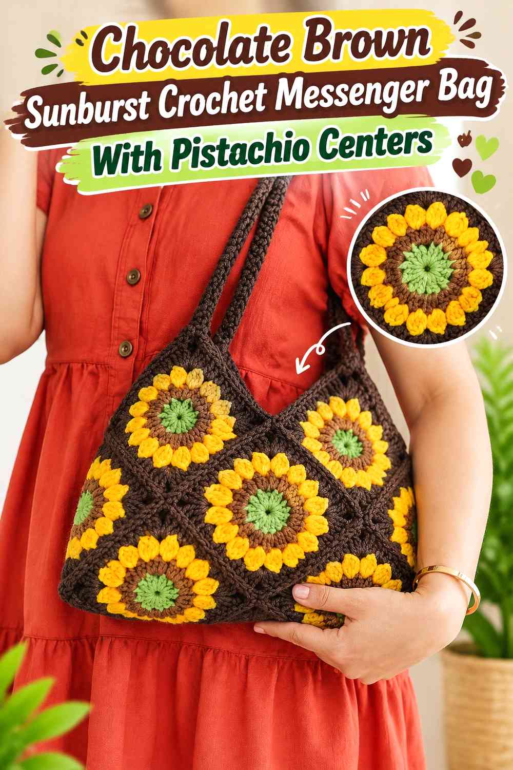 Chocolate Brown Sunburst Crochet Messenger Bag With Pistachio Centers