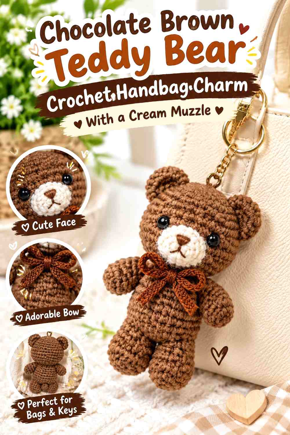 Chocolate Brown Teddy Bear Crochet Handbag Charm With a Cream Muzzle