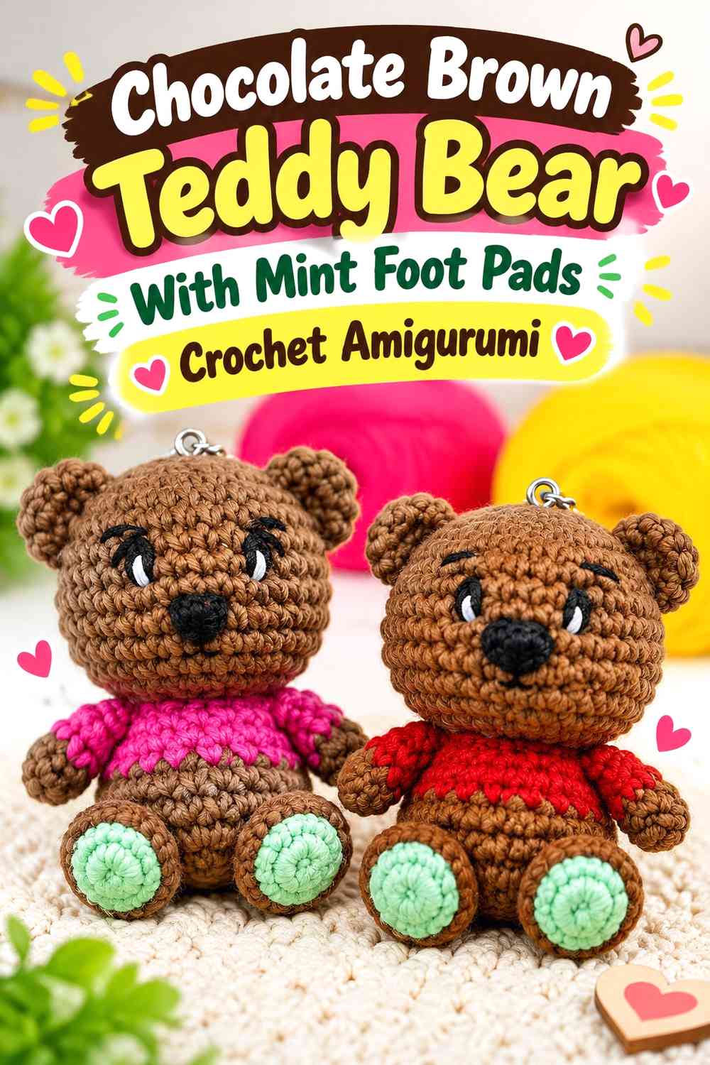Chocolate Brown Teddy Bear With Mint Foot Pads Crochet Amigurumi