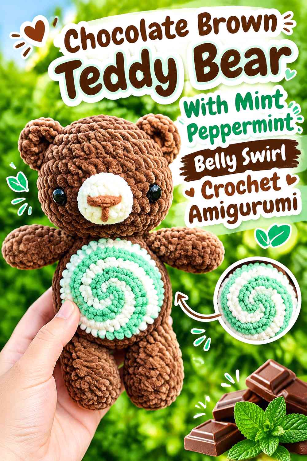 Chocolate Brown Teddy Bear With Mint Peppermint Belly Swirl Crochet Amigurumi