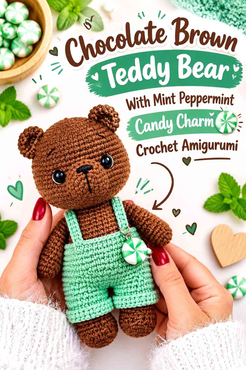 Chocolate Brown Teddy Bear With Mint Peppermint Candy Charm Crochet Amigurumi