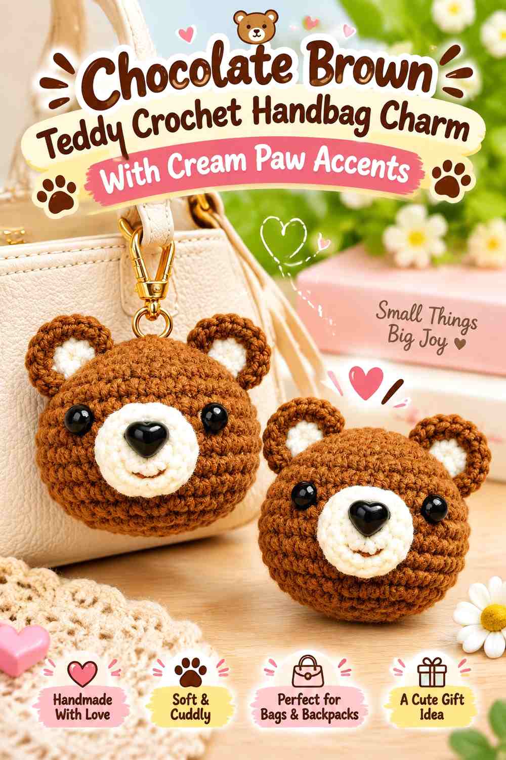 Chocolate Brown Teddy Crochet Handbag Charm With Cream Paw Accents