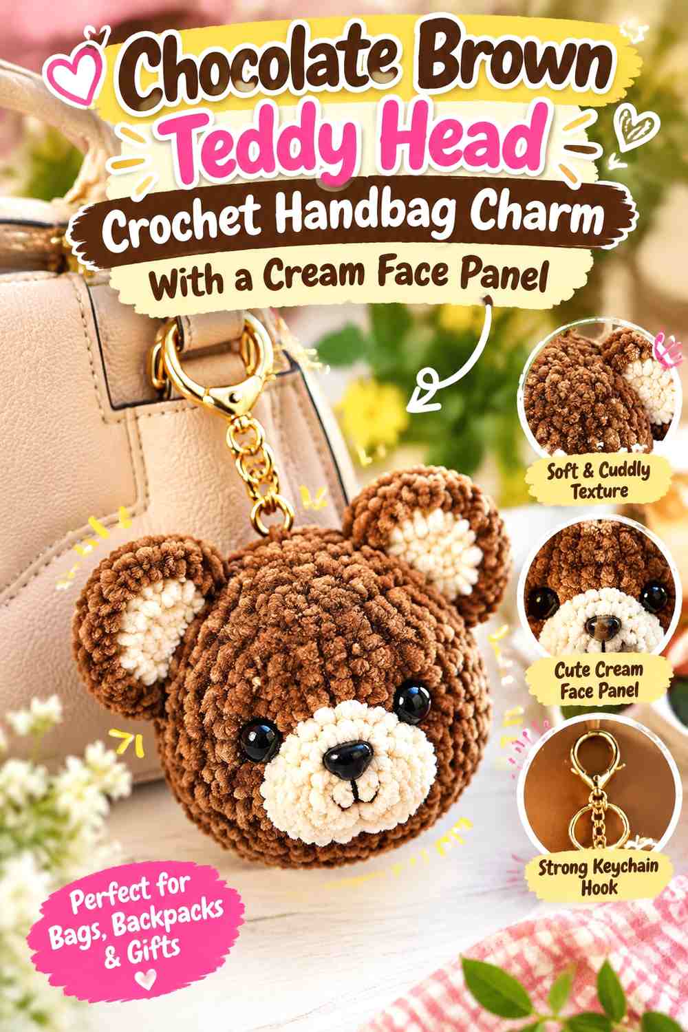 Chocolate Brown Teddy Head Crochet Handbag Charm With a Cream Face Panel