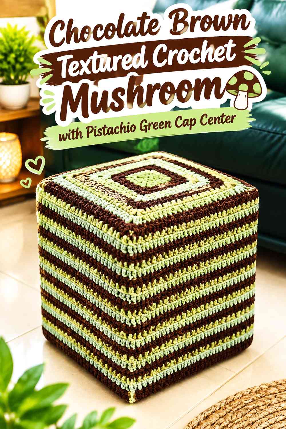 Chocolate Brown Textured Crochet Mushroom with Pistachio Green Cap Center