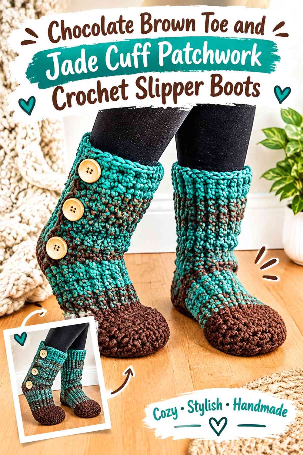 Chocolate Brown Toe and Jade Cuff Patchwork Crochet Slipper Boots