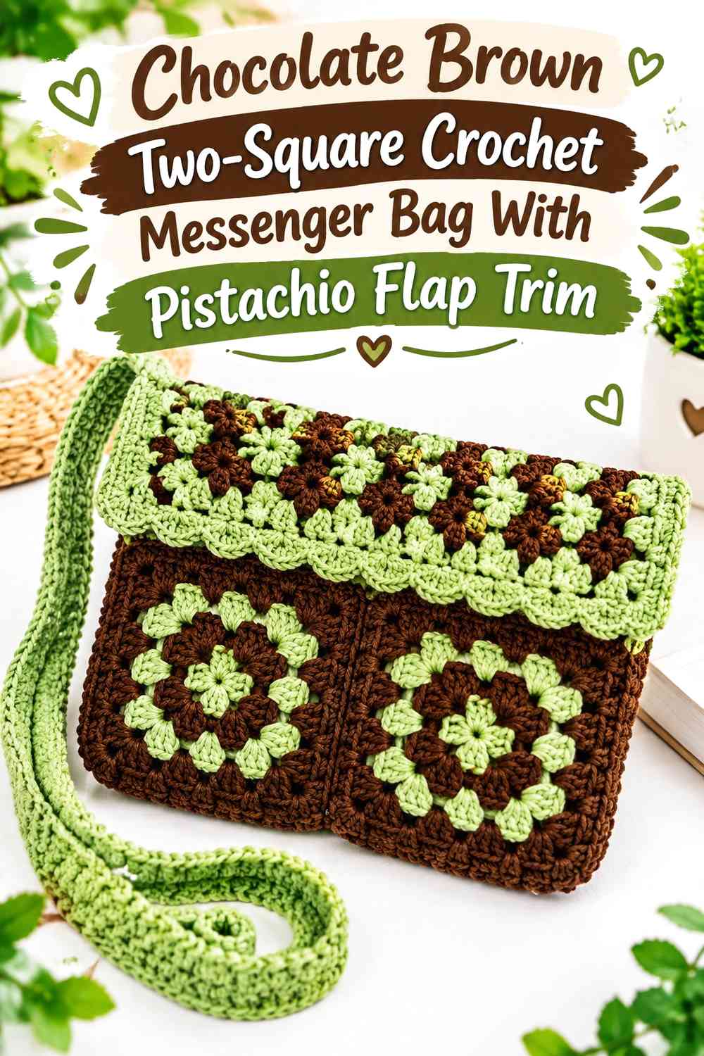 Chocolate Brown Two-Square Crochet Messenger Bag With Pistachio Flap Trim