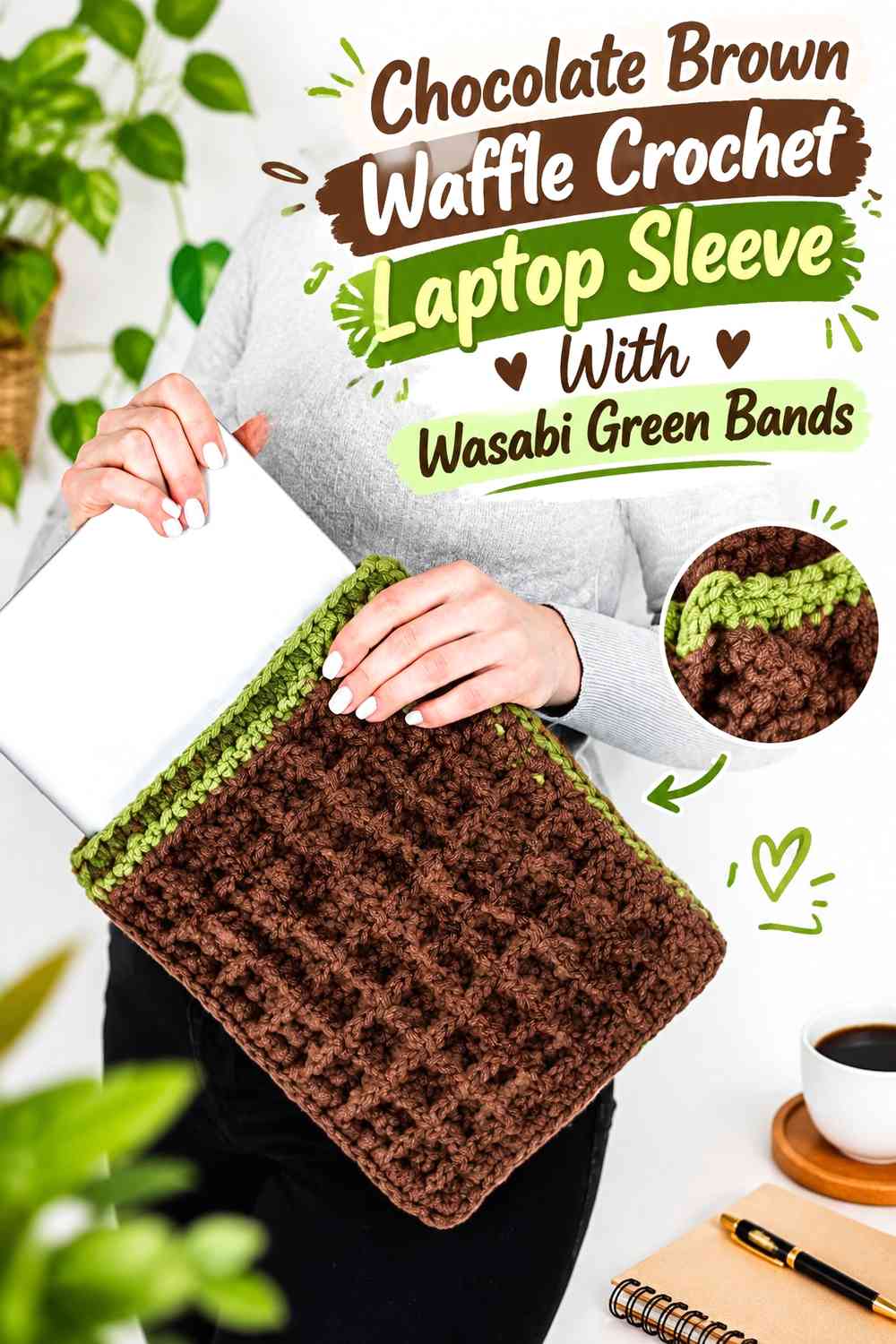 Chocolate Brown Waffle Crochet Laptop Sleeve With Wasabi Green Bands