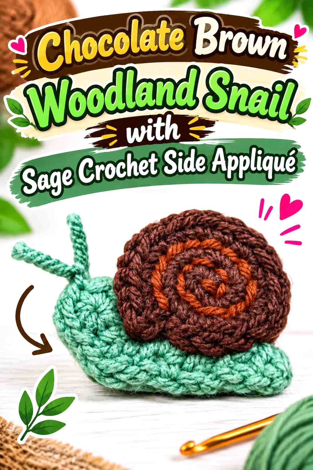 Chocolate Brown Woodland Snail with Sage Crochet Side Appliqué