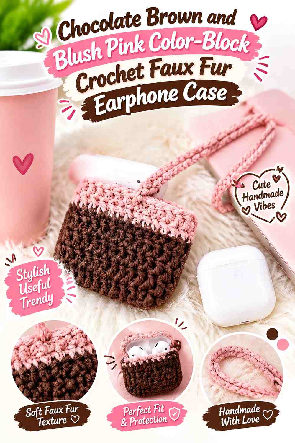 Chocolate Brown and Blush Pink Color-Block Crochet Faux Fur Earphone Case