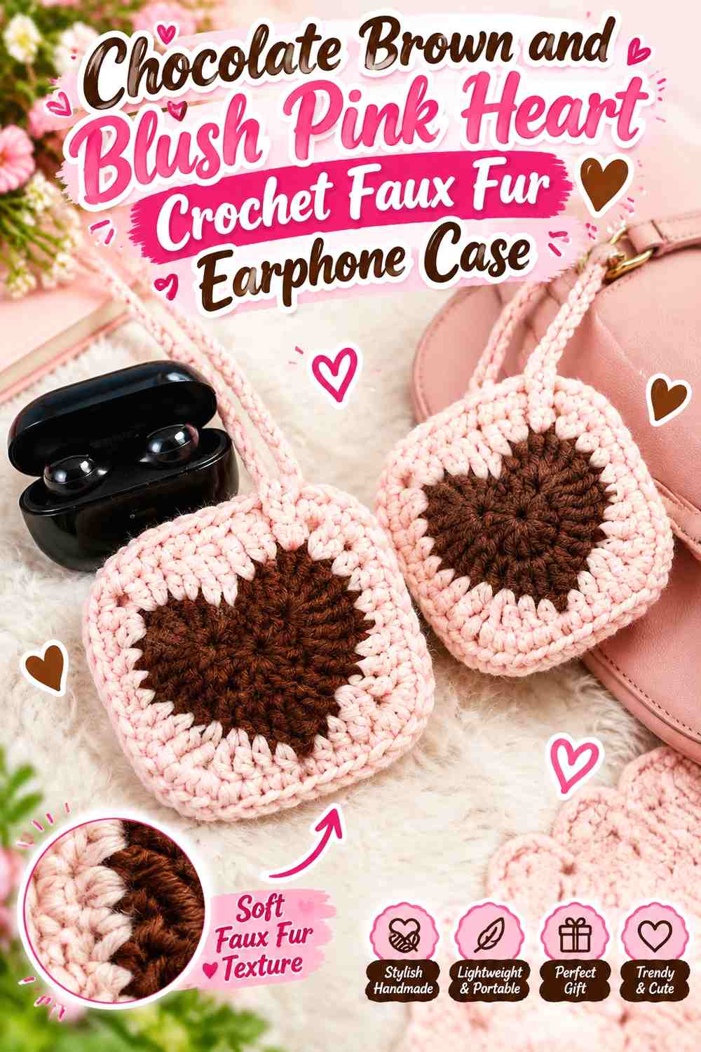 Chocolate Brown and Blush Pink Heart Crochet Faux Fur Earphone Case